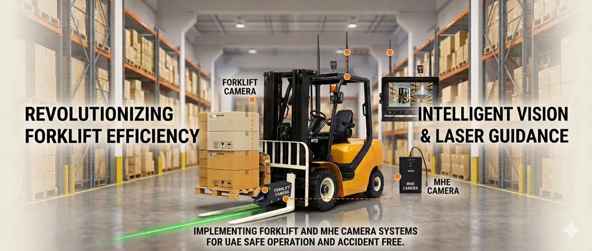 Forklift with fork camera, MHE camera, wireless monitor and green laser guidance line in a warehouse aisle
