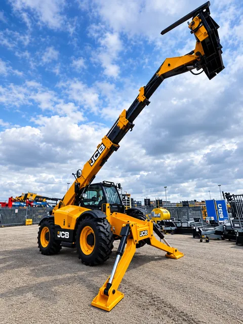 JCB boom loader with its boom raised and stabilisers down