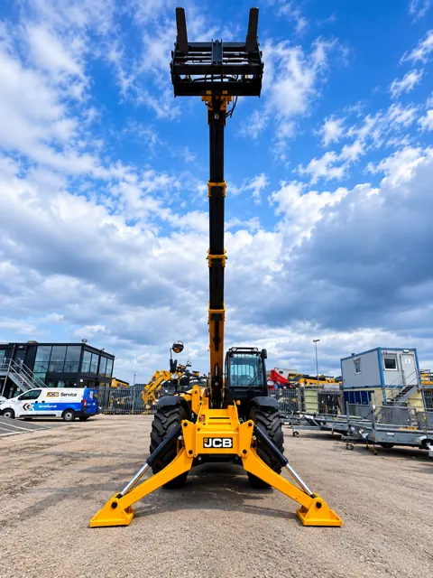 JCB boom loader with the boom fully extended, front view