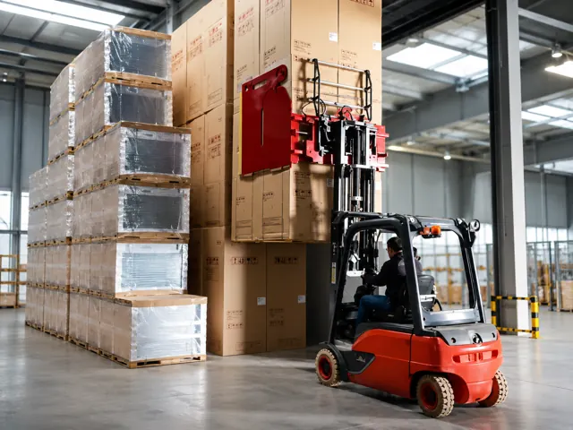 Forklift with a red carton clamp beside stacked cartons