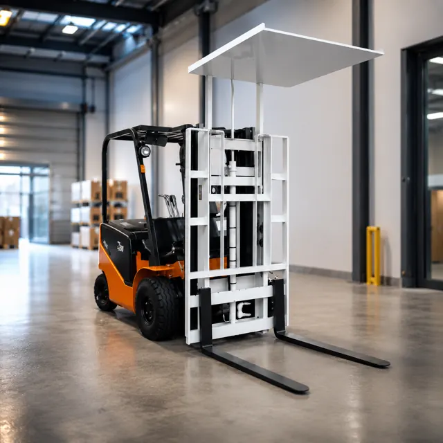 Forklift fitted with a load stabilizer top plate