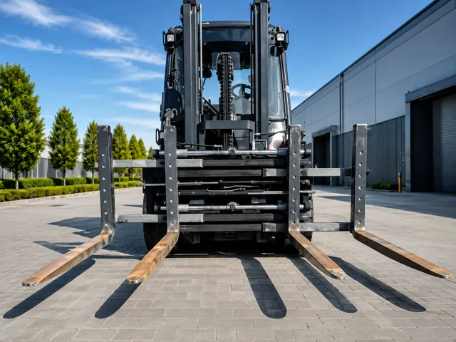 Forklift fitted with a double pallet handler outdoors