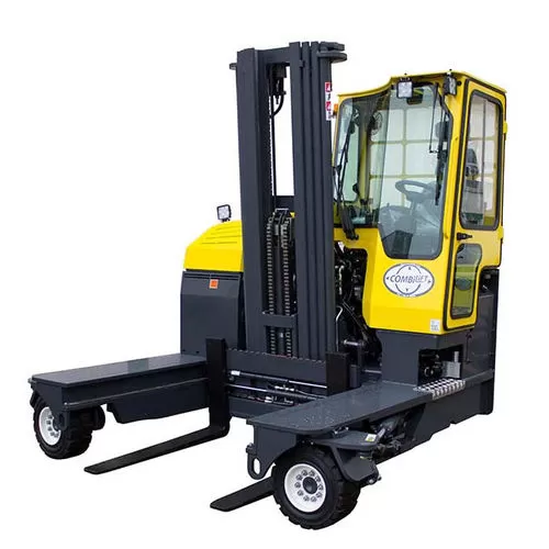 Yellow electric forklift with long forks
