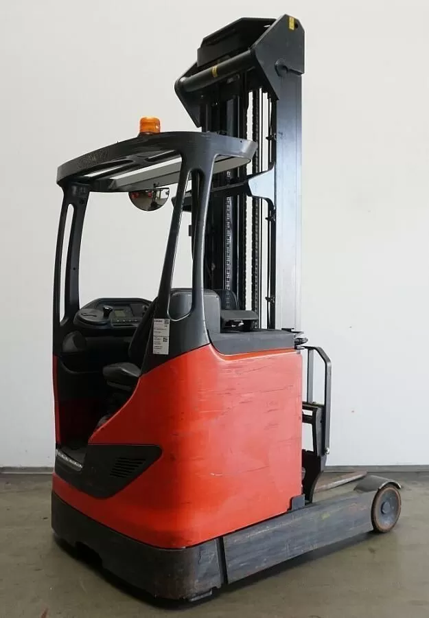 Red electric reach forklift side view