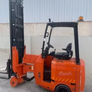Red industrial forklift with lifting mast