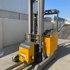 Yellow electric forklift with tall mast