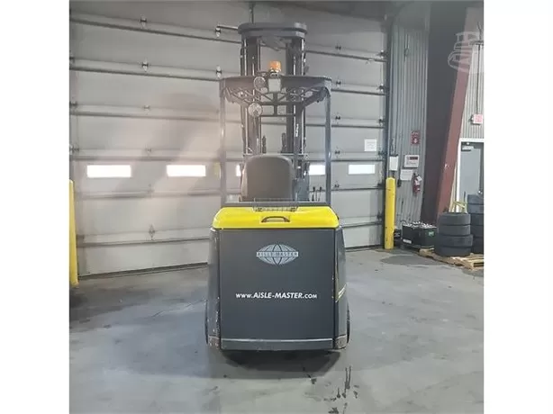 Rear view of electric warehouse forklift